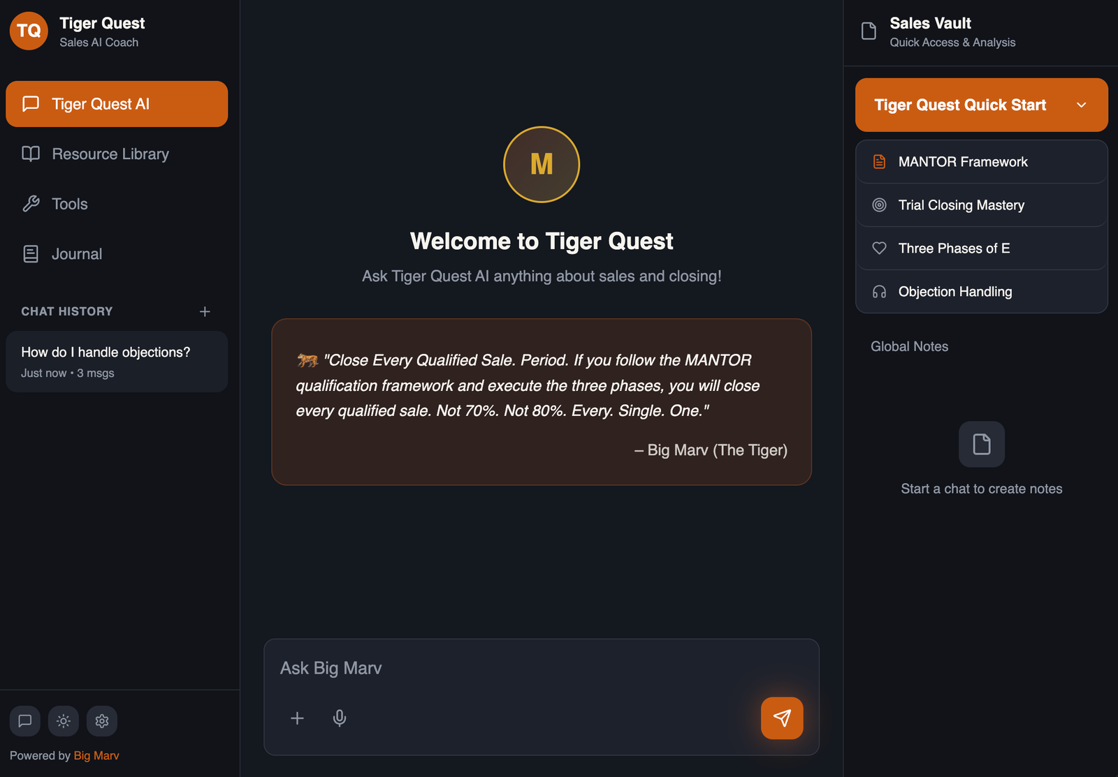 Tiger Quest AI Sales Coach interface showing chat with Big Marv, Resource Library, and Sales Vault